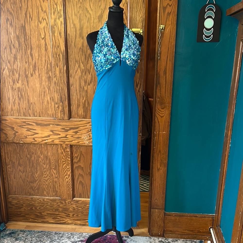 Niki Lavis Blue Embellished Halter Gown
